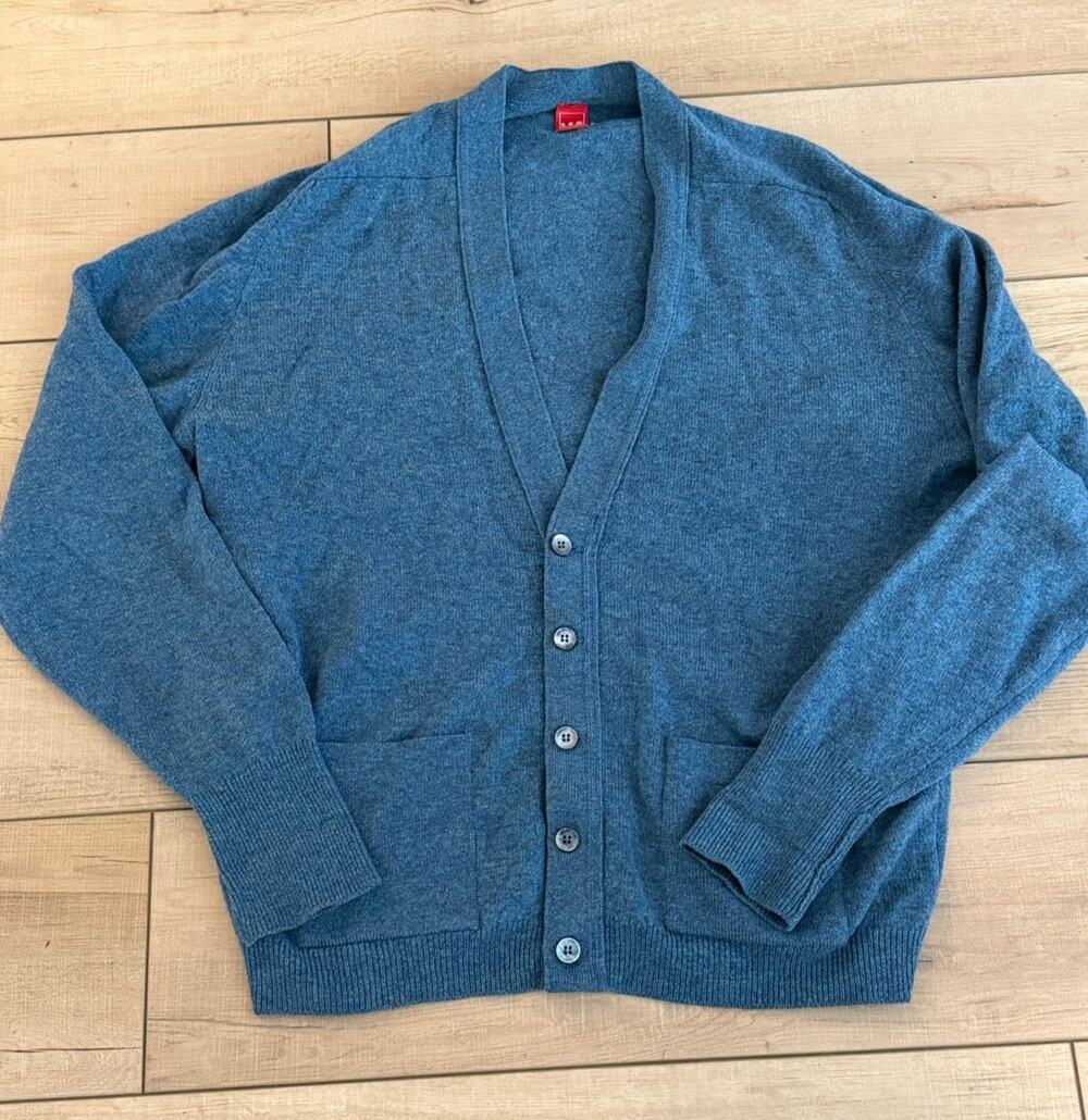 TEX 100% Lambswool Cardigan Sweater Mens Size 4 Blue Button Front V Neck